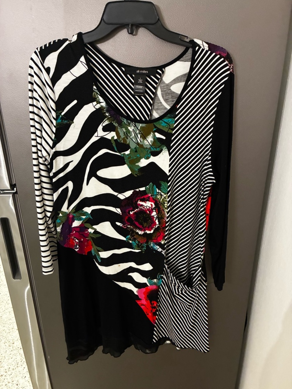 Ali Miles Black and White Mixed-Print Mini Dress with Floral Detail